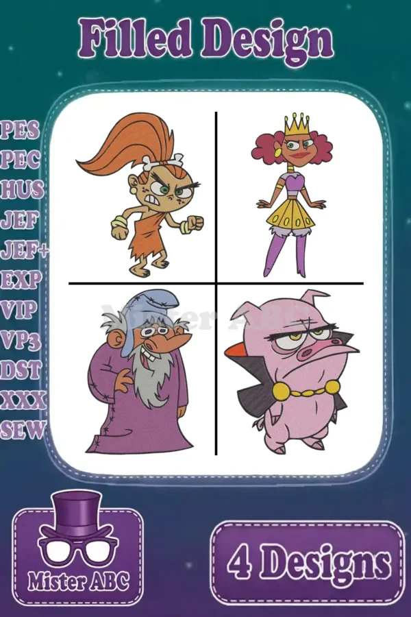 A vibrant bundle of four unique filled embroidery designs featuring a cave girl, queen, wizard, and grumpy pig.