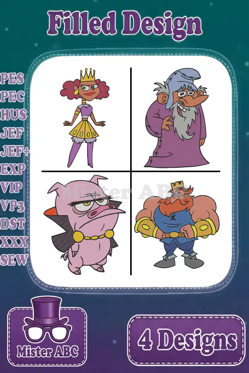 A grid of four vibrant filled embroidery designs: a queen, a wizard, an angry pig, and a strong man, ready for stitching.