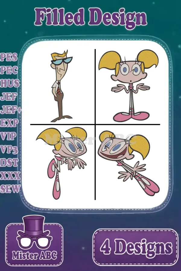 A vibrant main image featuring four filled embroidery designs: Mandark and three charming poses of Dee Dee, ready for machine stitching.