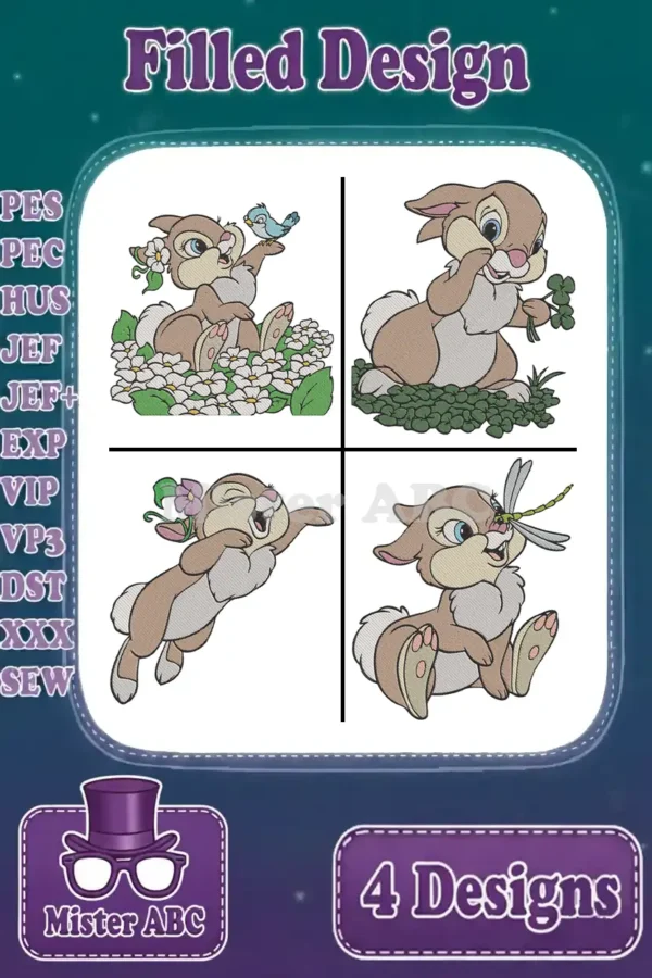 Four charming Thumper filled embroidery designs in various playful poses, suitable for diverse projects and Disney fans.