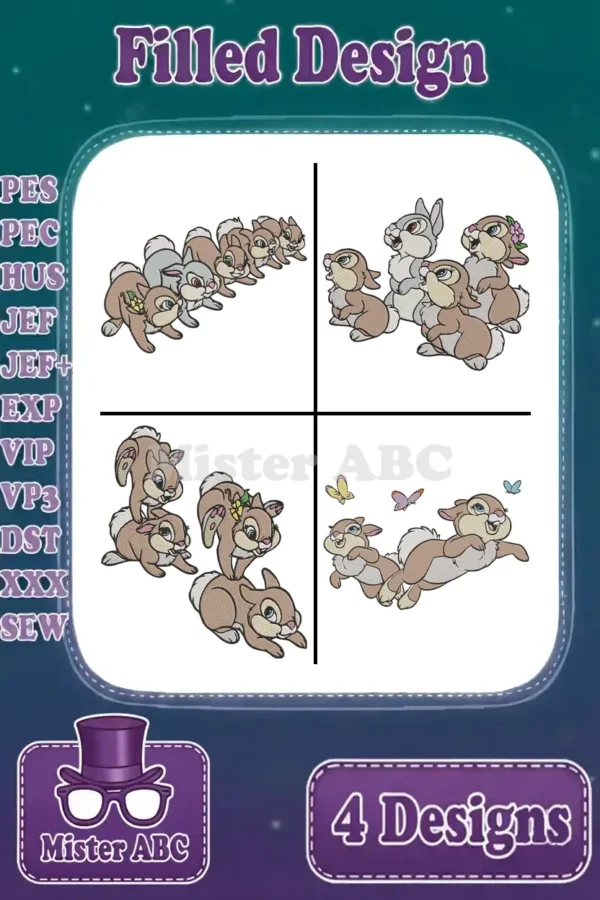 Four charming filled embroidery designs featuring Thumper and his adorable sisters in various playful poses, showcasing versatility.