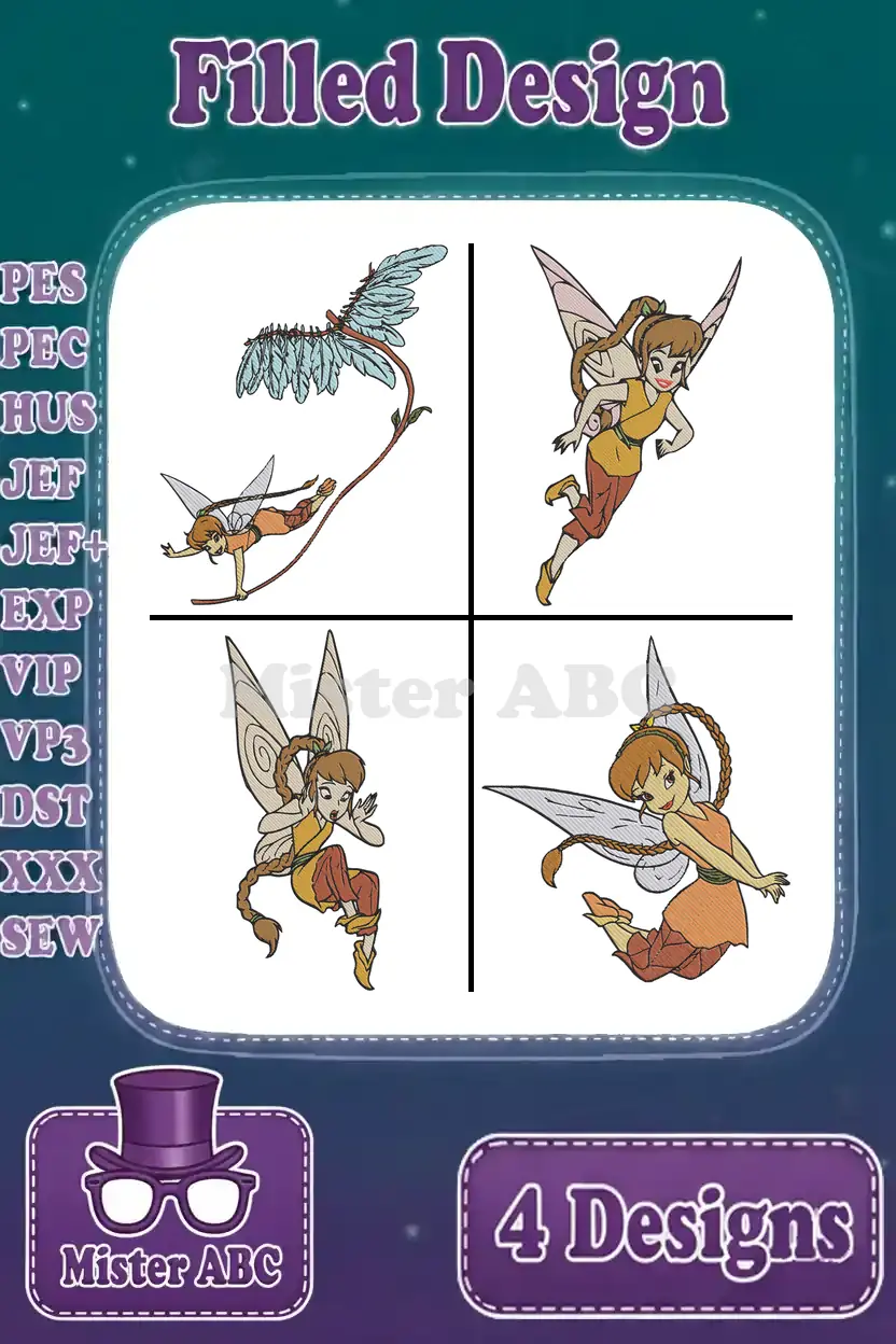 A vibrant collection of four unique Fawn fairy embroidery designs, showcasing various dynamic poses and rich filled stitches for diverse projects.