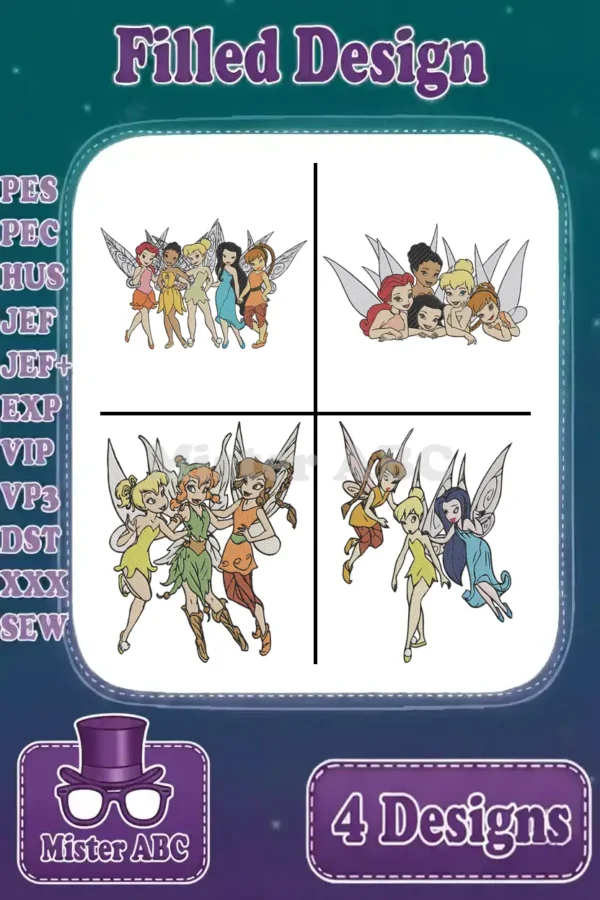 Four vibrant filled embroidery designs featuring diverse groups of whimsical fairies, showcasing rich detail and color.