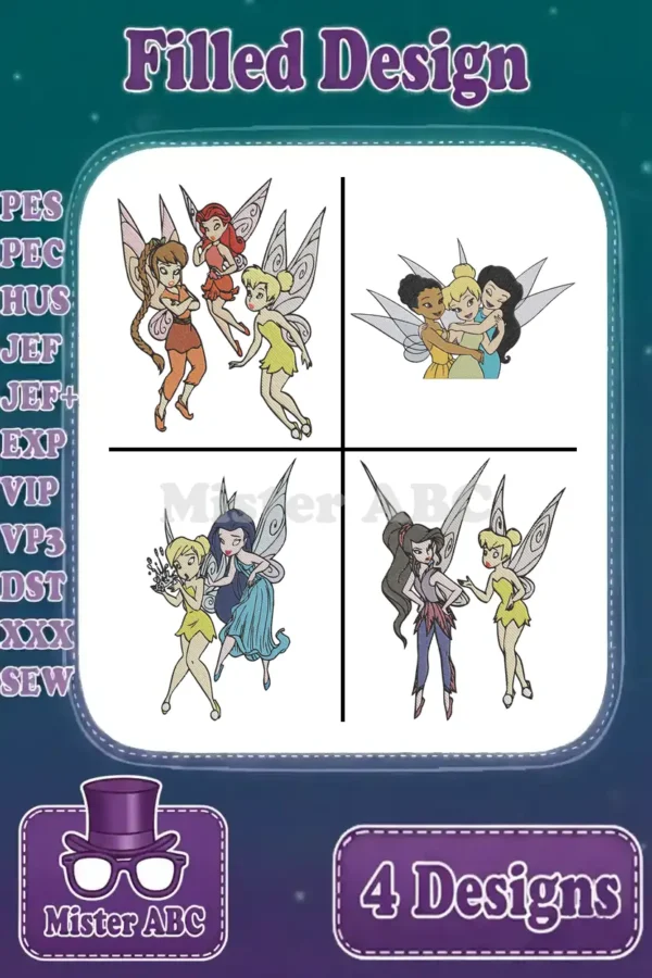 A vibrant collage of 4 filled embroidery designs featuring Disney Fairies, ready for various machine formats.