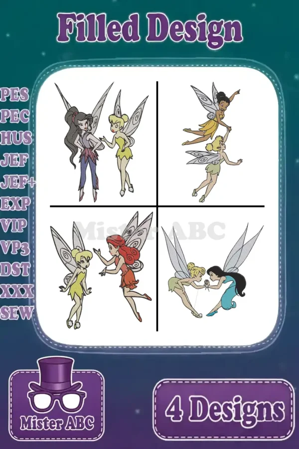 A vibrant collage of four filled embroidery designs featuring Tinkerbell with her fairy friends, ready for crafting.