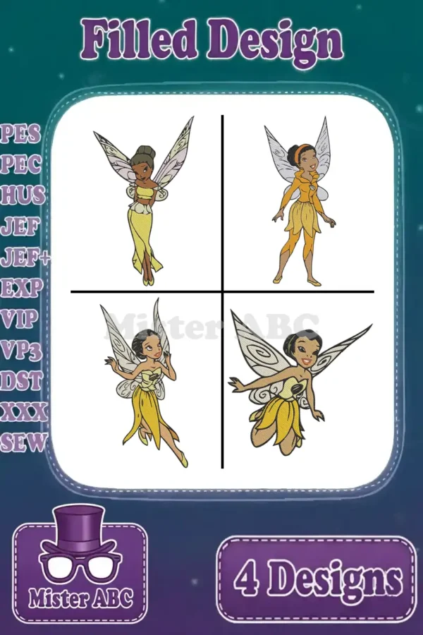Main product image showing a bundle of four distinct filled embroidery designs featuring a charming fairy in various poses.