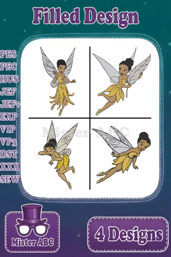 Four filled embroidery designs of a dark-skinned fairy in a yellow dress with wings, in various poses.