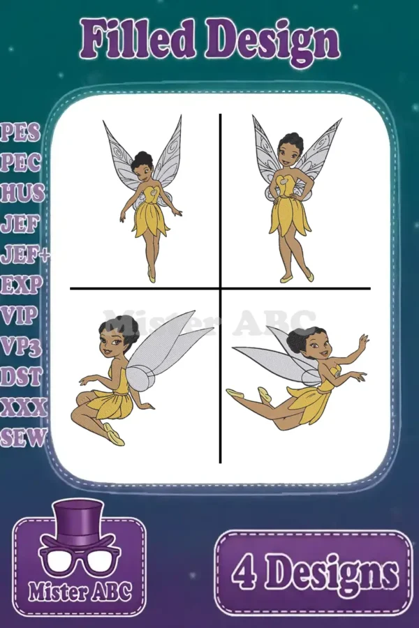 A bundle of four filled embroidery designs featuring a dark-skinned fairy in different poses, showcasing supported file formats.