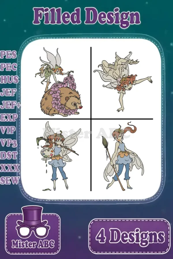 A vibrant display of four unique filled embroidery designs: a fairy with a hedgehog, a dancing fairy, a fairy painting, and a fairy with a staff.