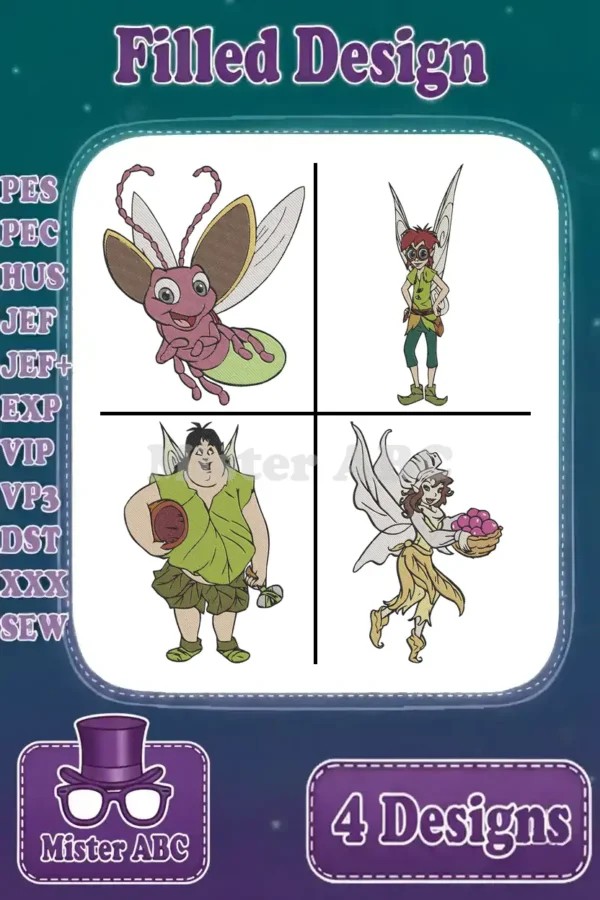 A vibrant collection of four filled embroidery designs featuring a firefly, a male fairy with goggles, a stout male fairy, and a female fairy carrying berries. Formats like PES, JEF, DST listed.