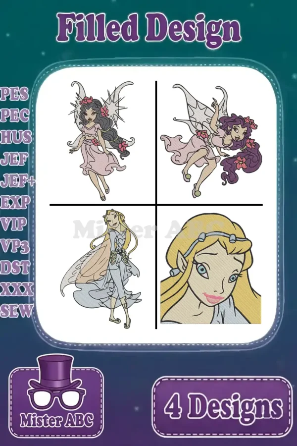 Main image displaying a bundle of four filled embroidery designs featuring beautiful fairies and an elf character.