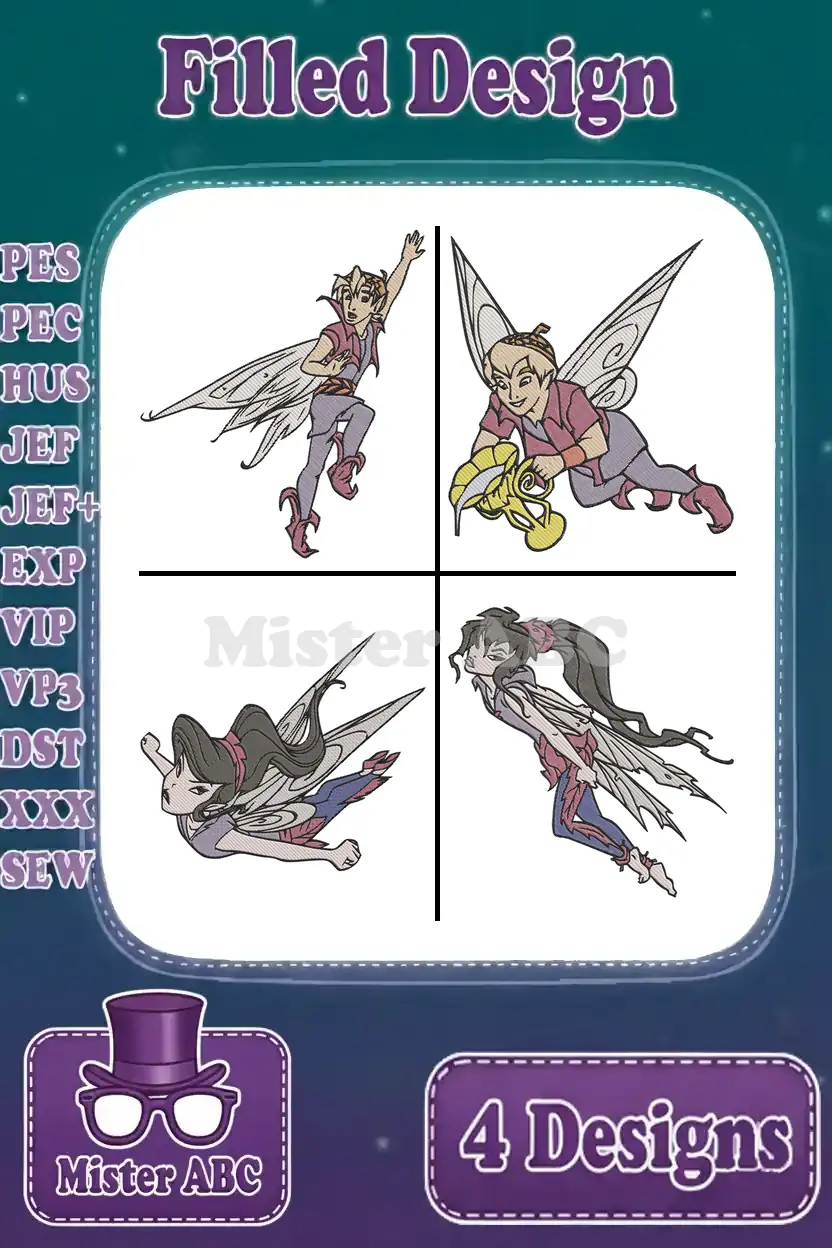 A vibrant display of four unique filled embroidery designs featuring dynamic fantasy fairy characters, showcasing various poses.