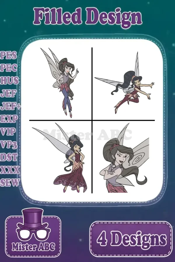 A vibrant bundle of four filled embroidery designs featuring a graceful fairy in different dynamic poses.