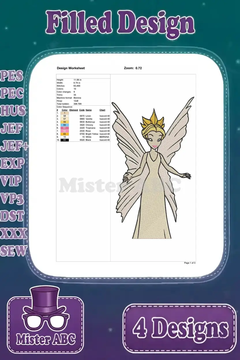 Detailed embroidery worksheet for a graceful fairy design, showing stitch count, color changes, and required thread colors.