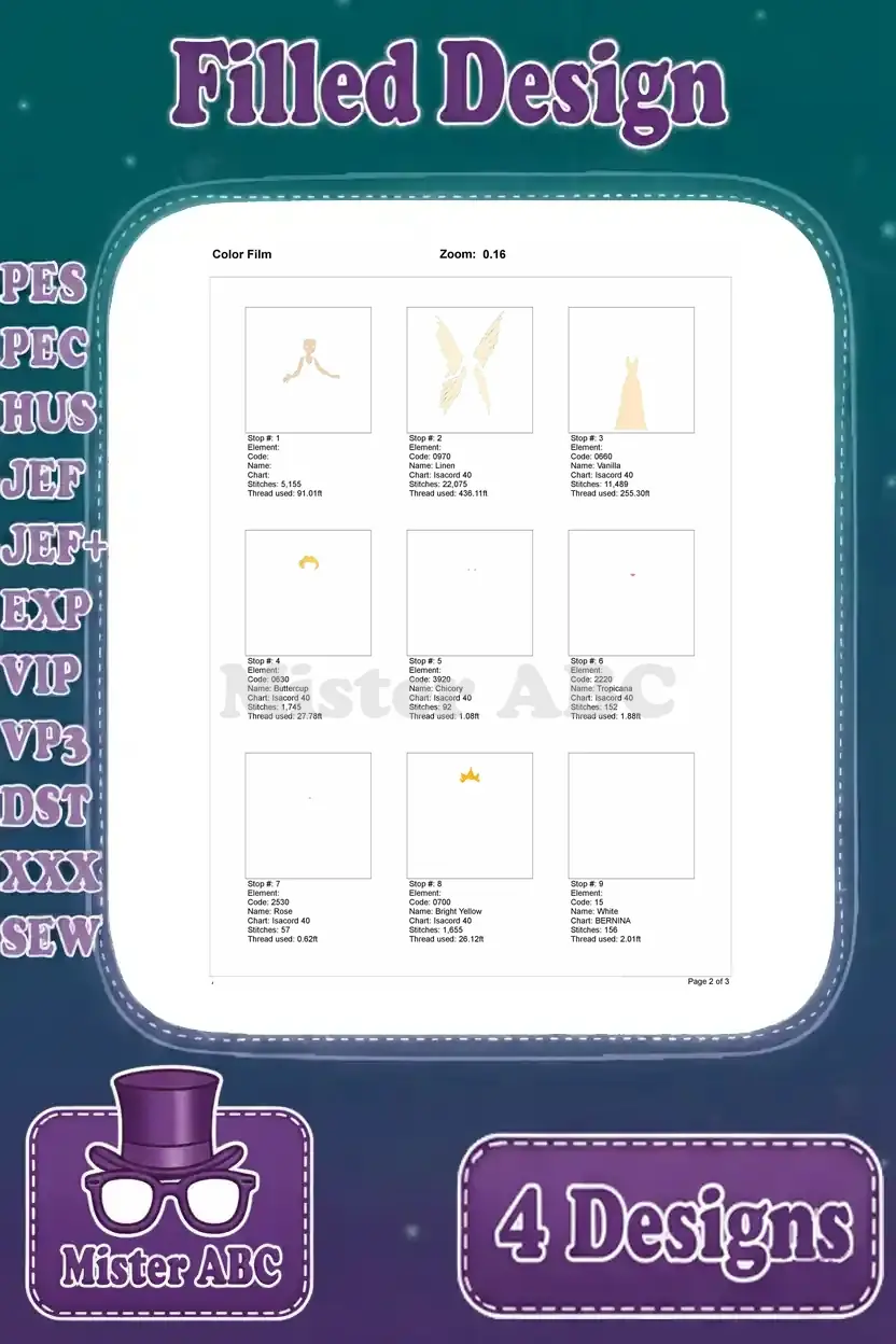 Color film breakdown for the first fairy embroidery design, illustrating individual stitch stops and thread usage.