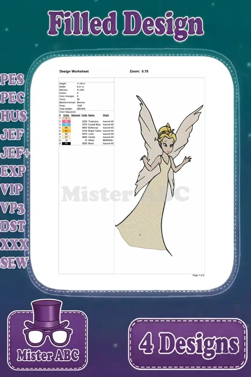 Worksheet for the third captivating fairy embroidery design, detailing stitch specifications and color palette for crafters.