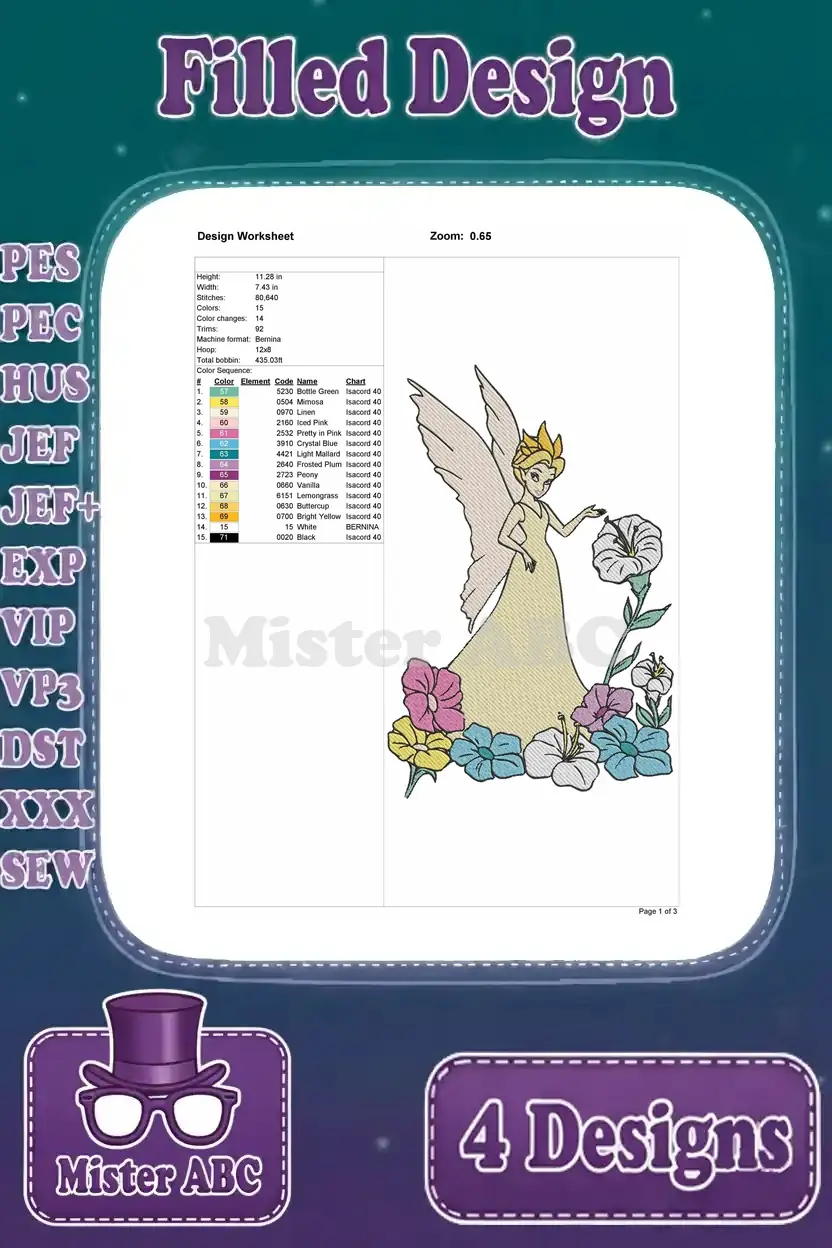 Design worksheet for the second fairy embroidery, a fairy among flowers, with full color chart and dimensions.