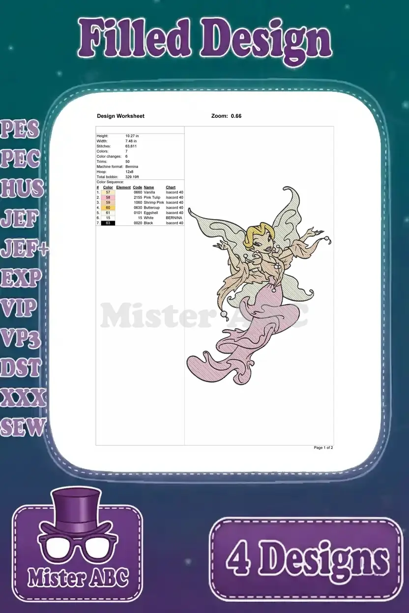 Design worksheet for the third fairy embroidery, a dynamic flying fairy, with color chart and specifications.