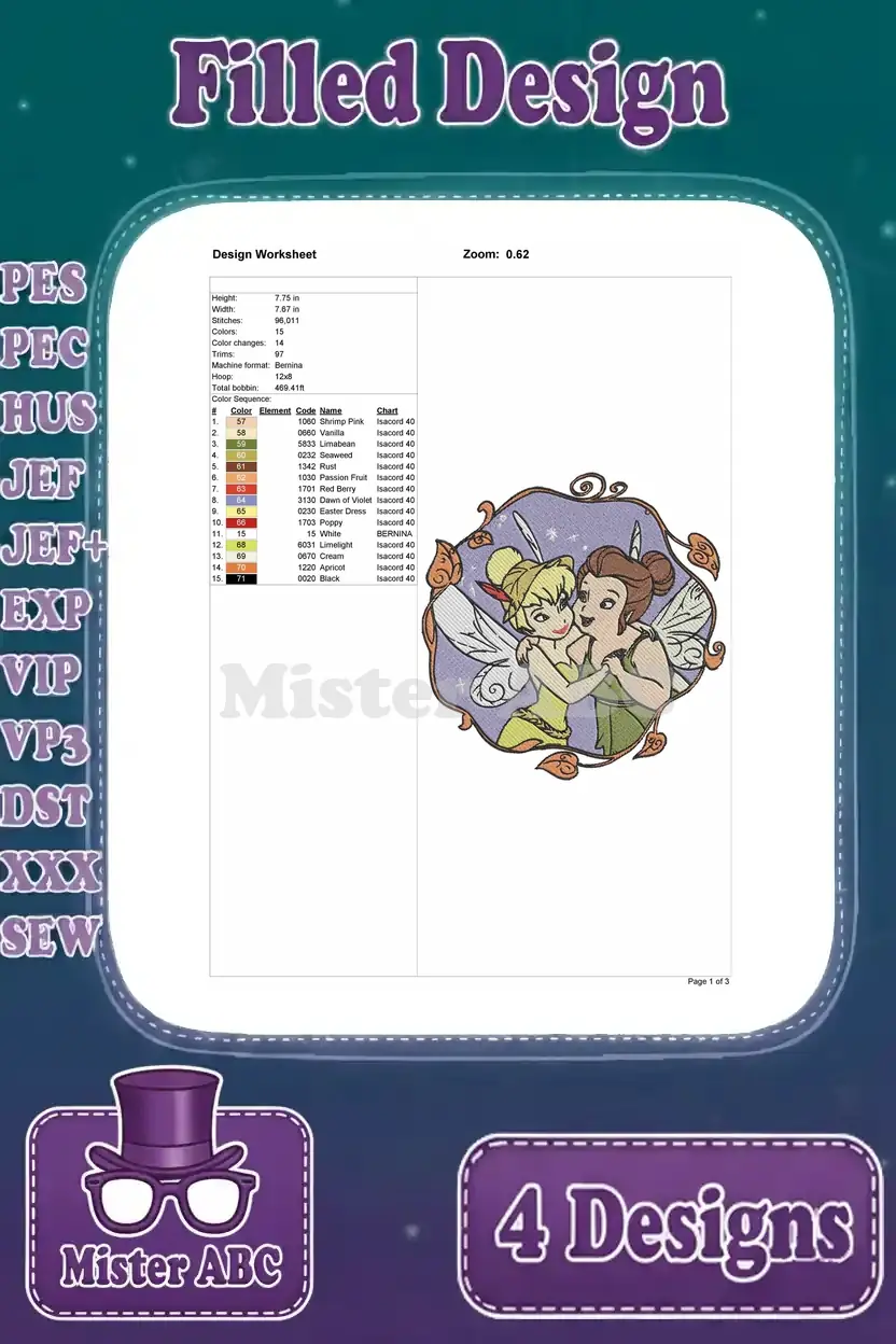 Design worksheet for the fourth embroidery, featuring Tinker Bell and another fairy, with color chart.