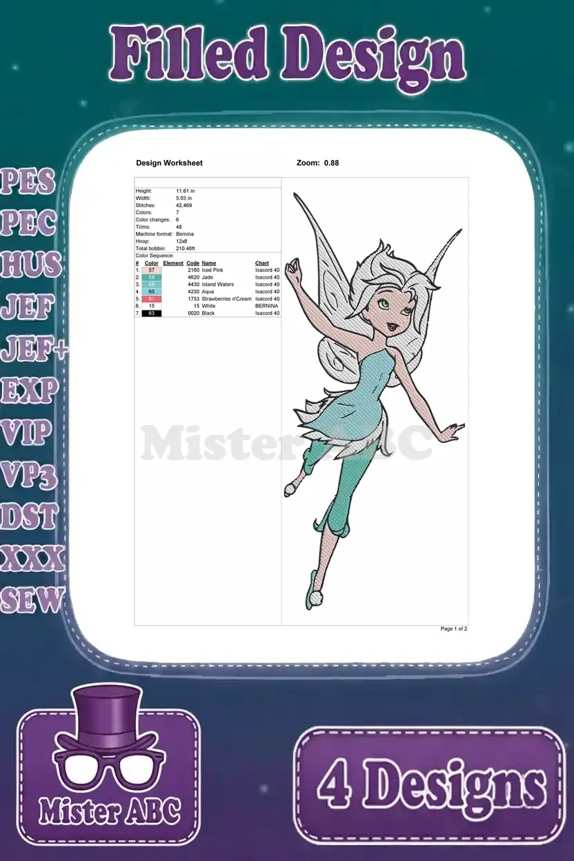 Detailed design worksheet for the first Elsa fairy embroidery showing specifications, thread colors, and stitch count.