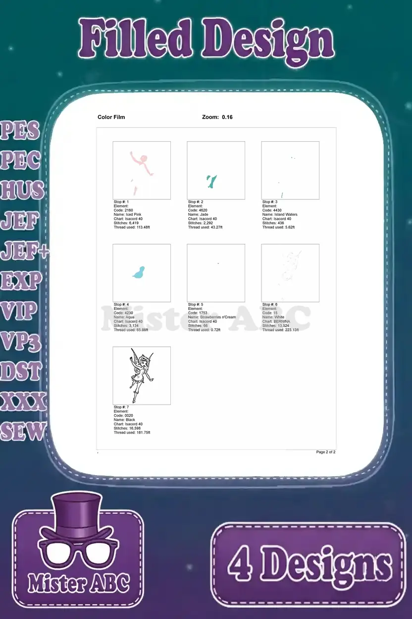 Color film breakdown for the first Elsa fairy embroidery, illustrating each thread color's stitch sequence and layers.