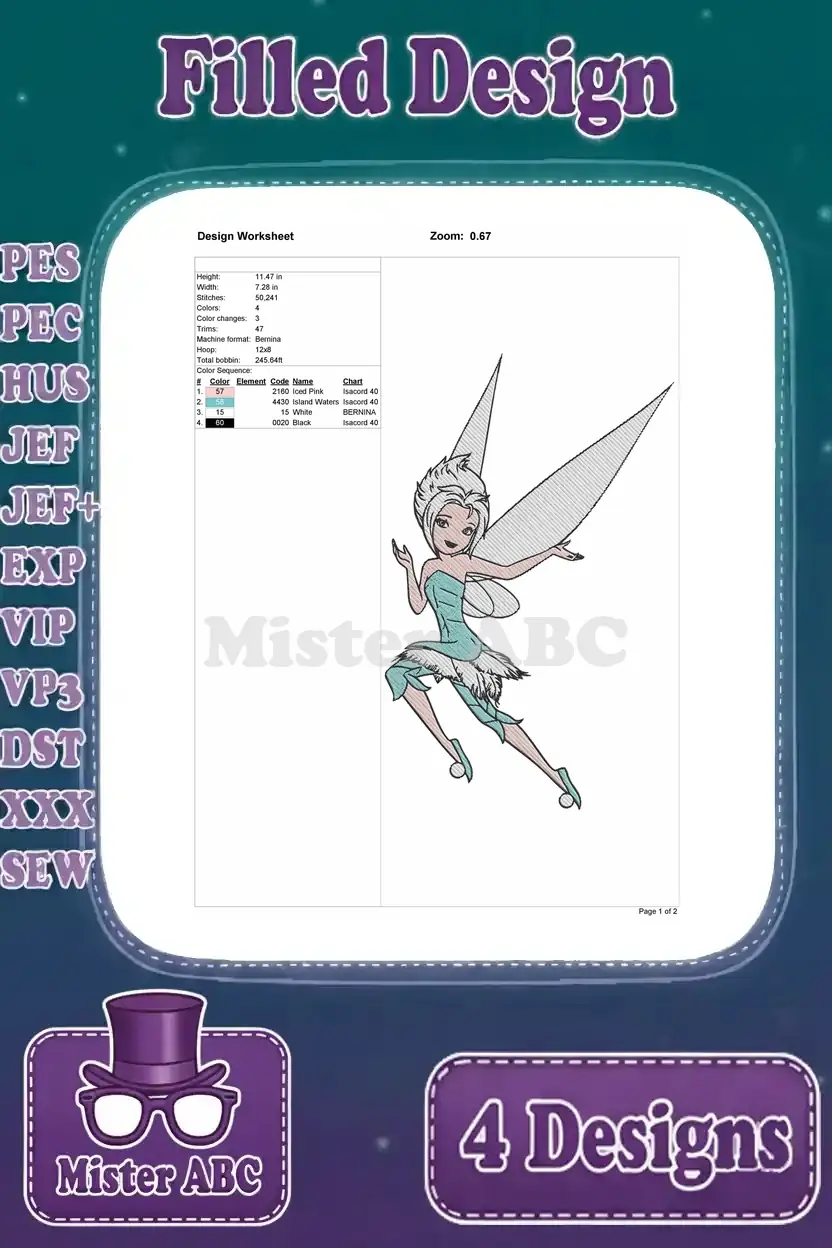 Detailed design worksheet for the second Elsa fairy embroidery displaying specifications, thread colors, and stitch count.