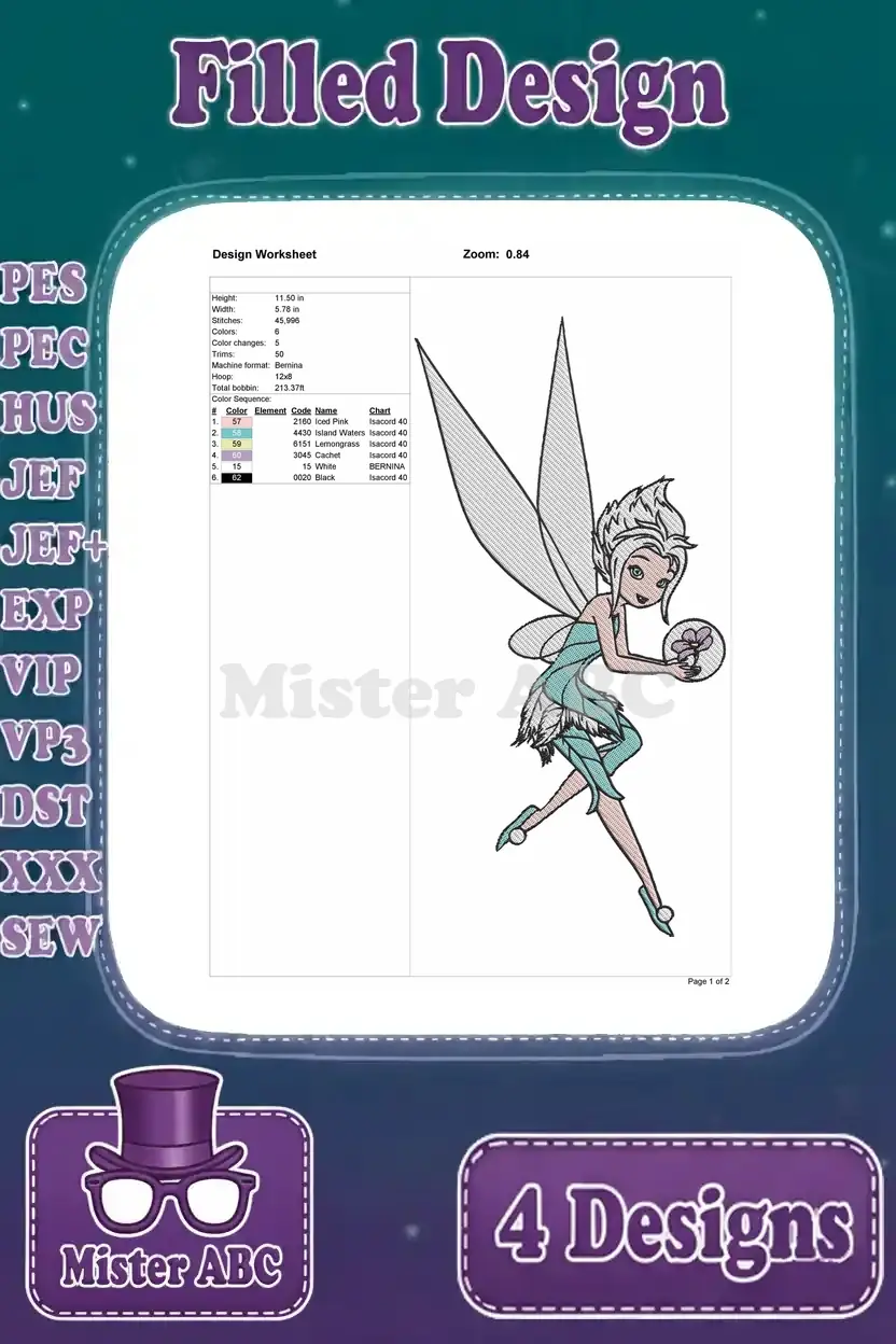 Detailed design worksheet for the third Elsa fairy embroidery presenting specifications, thread colors, and stitch count.