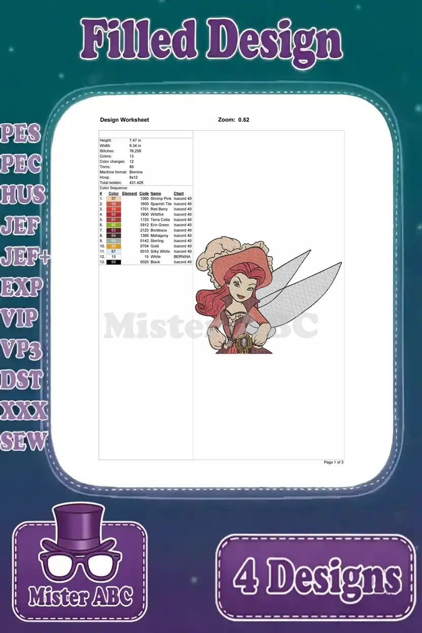 Detailed design worksheet for the Rosetta fairy embroidery, showing stitch count, dimensions, and thread colors.