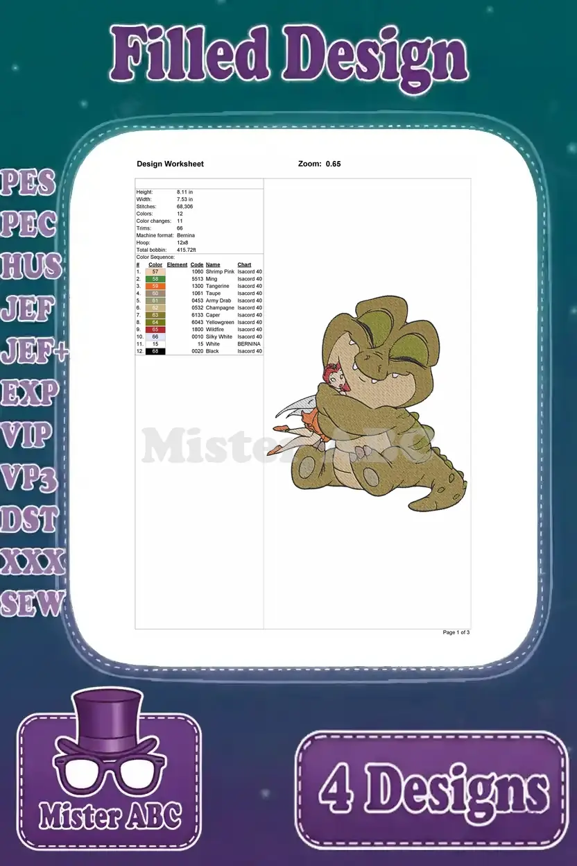 Detailed design worksheet for the Tinkerbell hugging crocodile embroidery pattern, showing stitch count and colors.