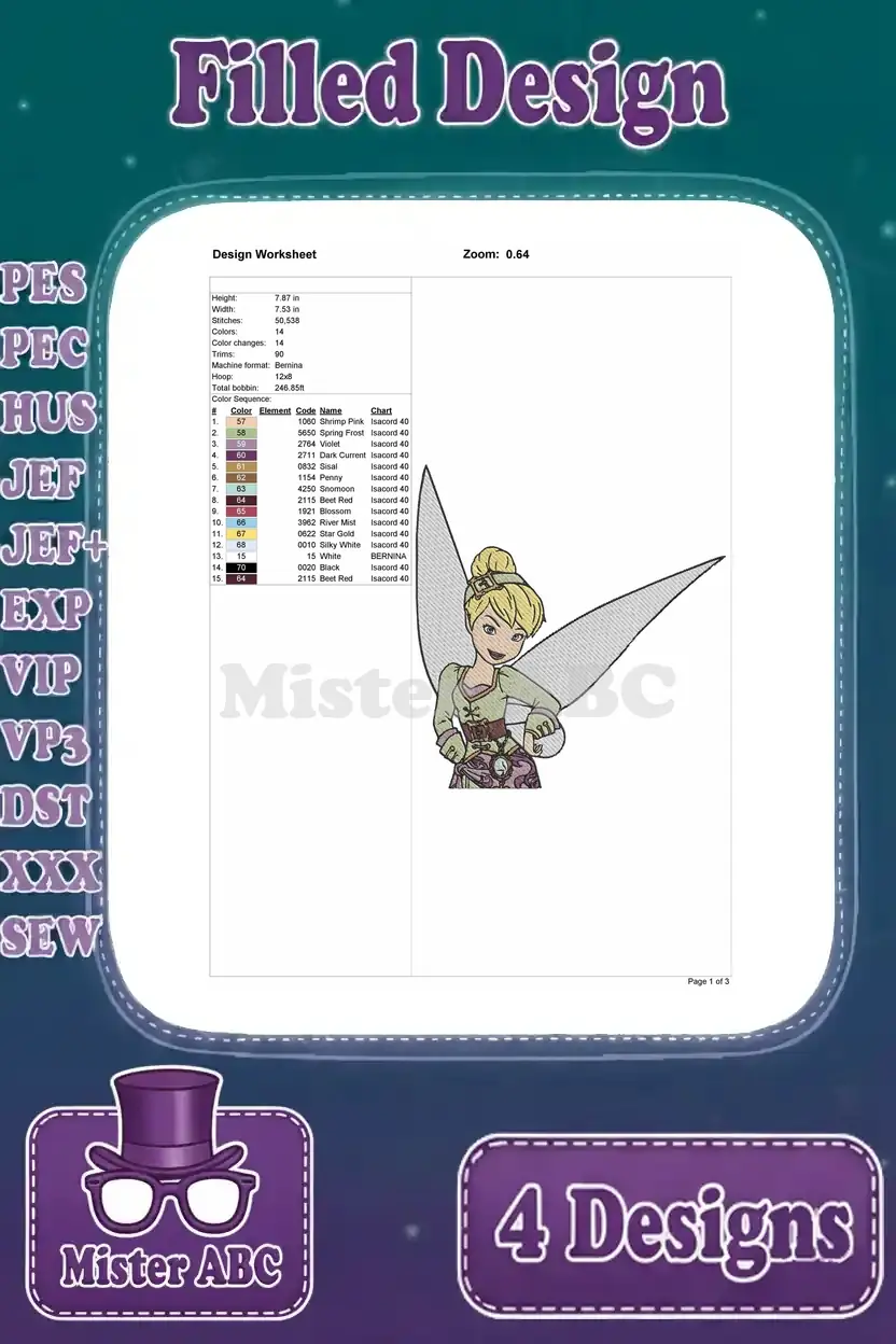 Detailed design worksheet for the Tinker Bell fairy embroidery, showing stitch count, dimensions, and thread colors.
