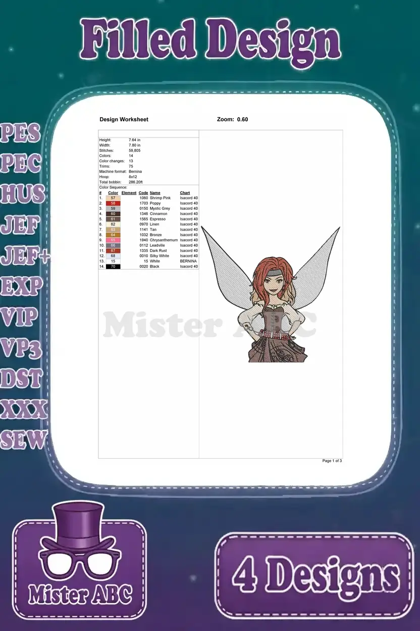 Detailed design worksheet for the single fairy with reddish-brown hair embroidery pattern, showing stitch count and colors.