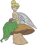 Disney Fairies Tinker Bell With Flower Leaf Umbrella And On Mushroom Posing - Filled Embroidery Design - 2397