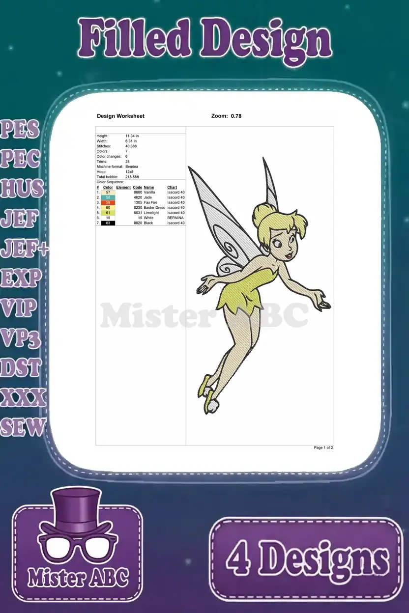 A design worksheet for the second Tinker Bell embroidery design, detailing dimensions, stitches, and color sequence.