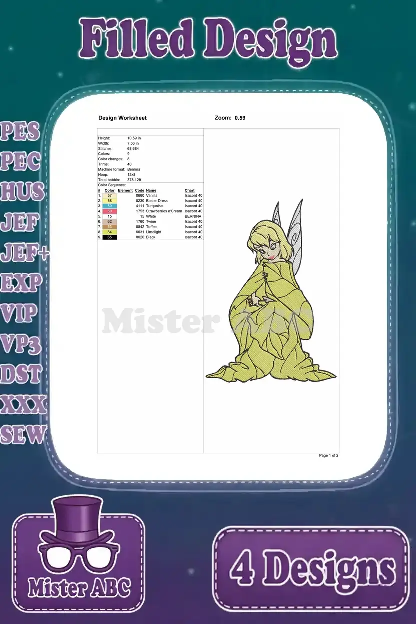 A design worksheet for the fourth Tinker Bell embroidery design (sleeping), detailing dimensions, stitches, and color sequence.