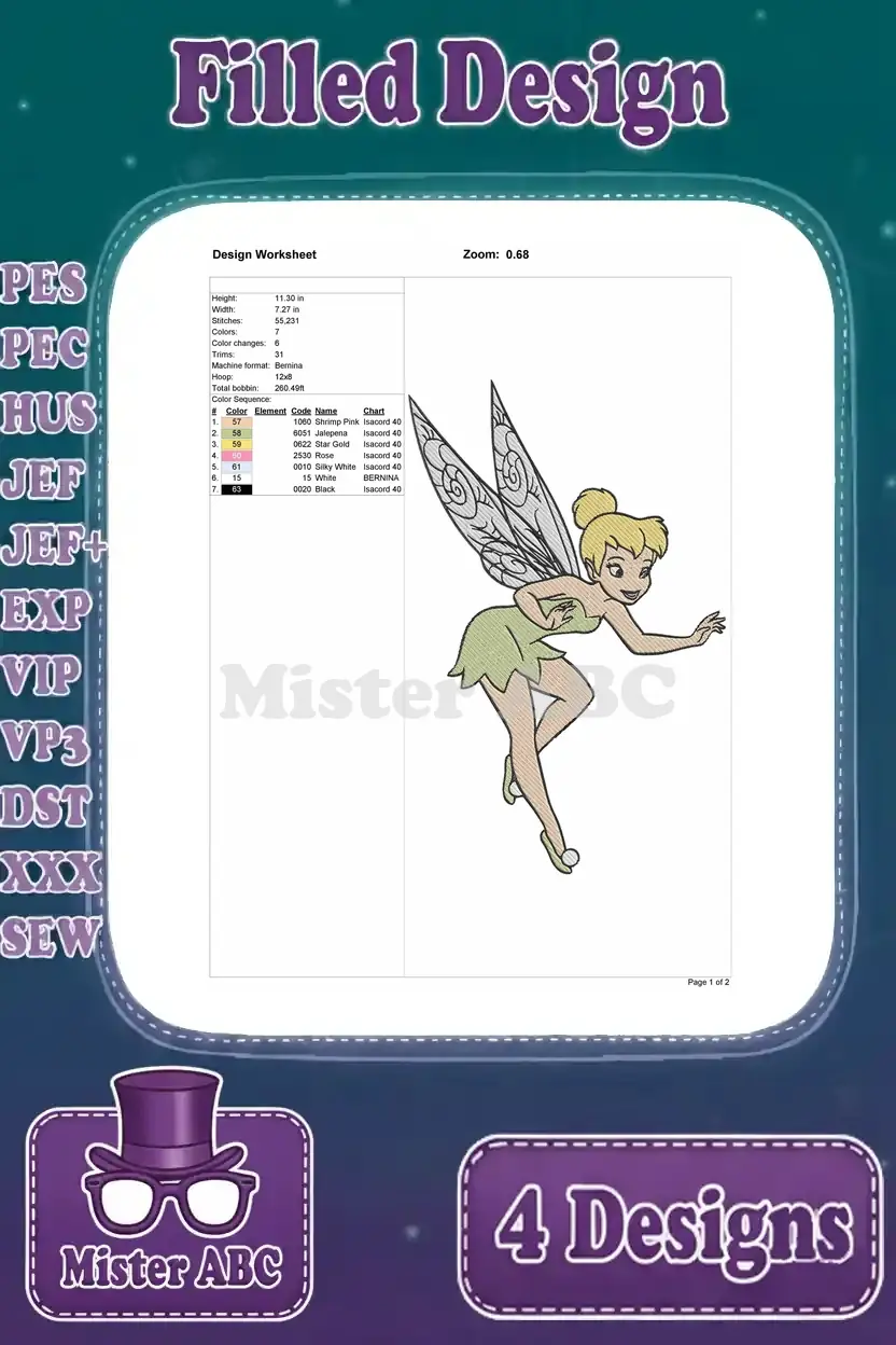 Design worksheet for the second flying/running Tinkerbell embroidery, detailing dimensions, stitches, and color chart.