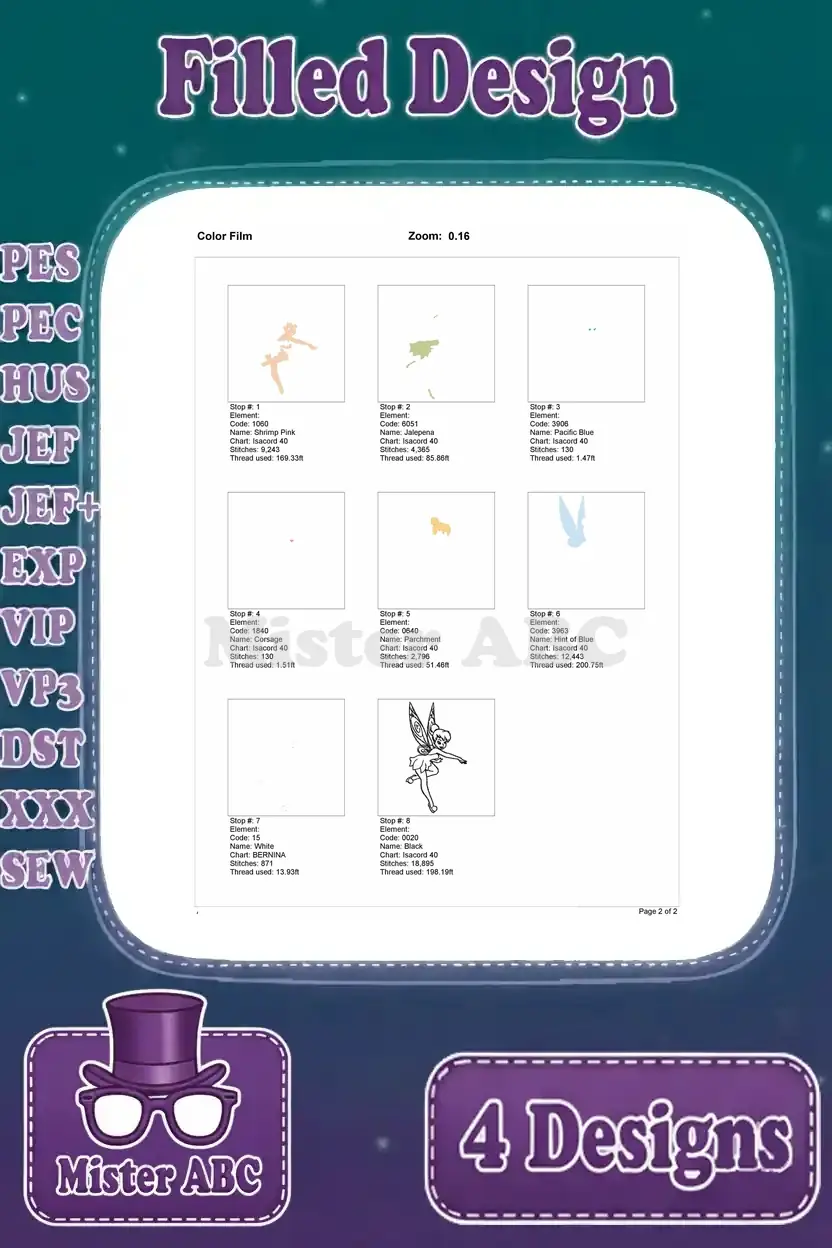 Color film illustrating the stitch order and thread changes for the third flying/running Tinkerbell embroidery design.