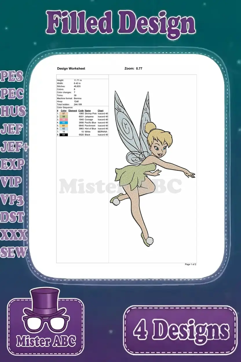 Design worksheet for the fourth dynamic Tinkerbell embroidery, detailing dimensions, stitch count, and color chart.