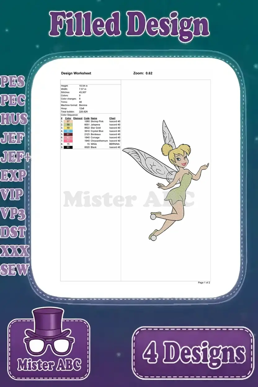 Design worksheet for Tinker Bell walking, detailing dimensions, stitch count, color changes, and thread chart for clarity.