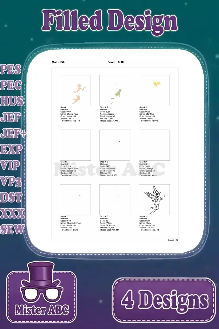 Color film for the Tinker Bell walking design, illustrating the exact stitch sequence, thread colors, and elements.