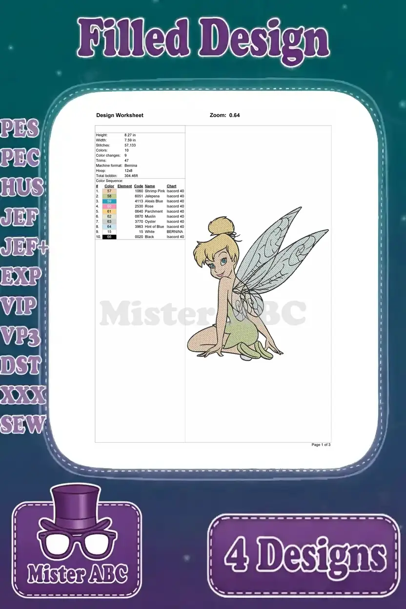 Design worksheet for Tinker Bell sitting, detailing dimensions, stitch count, color changes, and thread chart for accuracy.