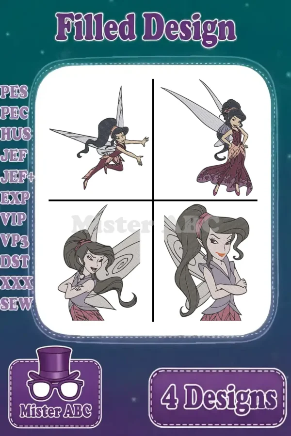 Four filled embroidery designs of the fairy Vidia in dynamic poses: flying, standing elegantly, and two sassy arm-crossed stances.