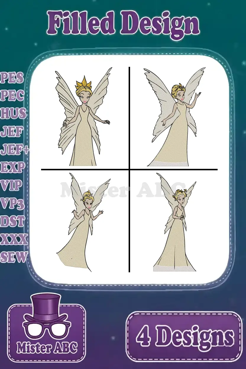 A collection of four exquisite filled embroidery fairy designs, each showcasing unique poses and delicate wings. Ideal for diverse projects.