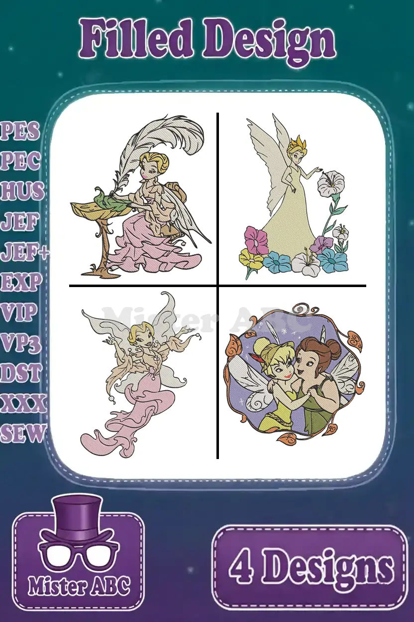 A vibrant collage of four filled embroidery designs featuring enchanting fairies, including Tinker Bell, in various poses.