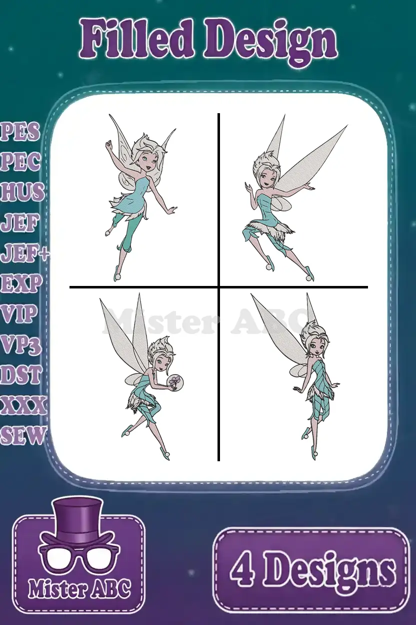 Main product image showing four unique filled embroidery designs of an Elsa-inspired fairy in various poses.