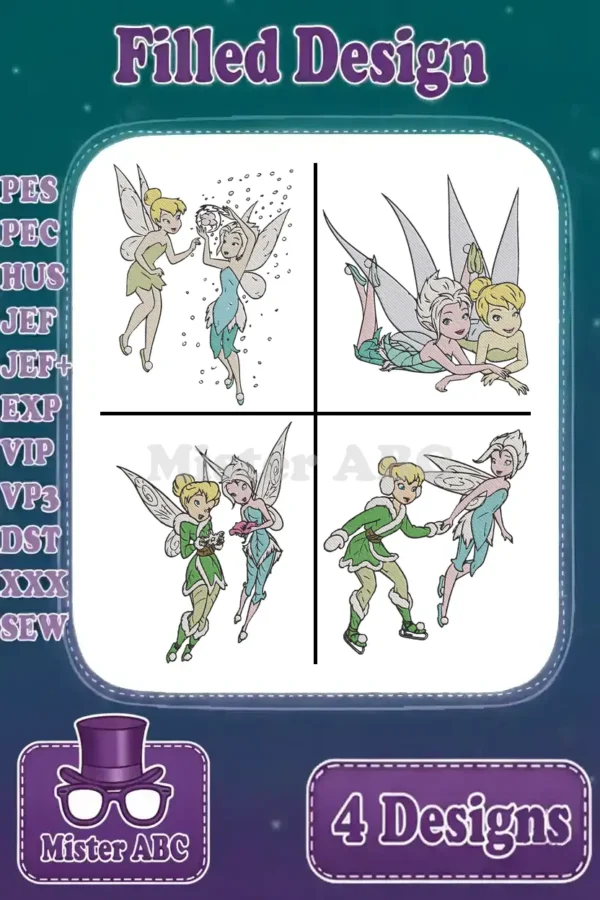 A vibrant collage of four filled embroidery designs featuring Tinkerbell and Periwinkle, ready for various projects.