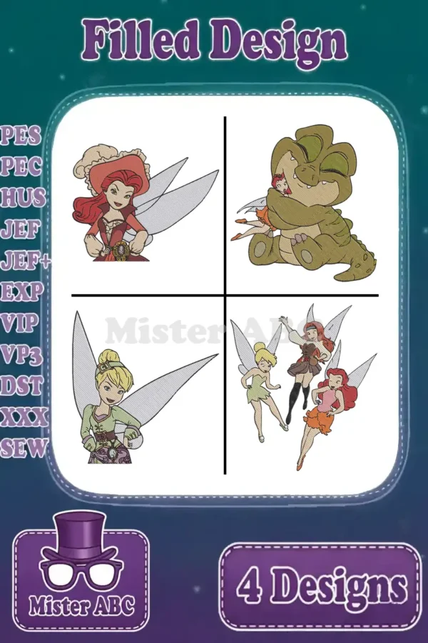 A grid display of four vibrant filled embroidery designs: Tinker Bell, Rosetta, and Tick-Tock the Crocodile.