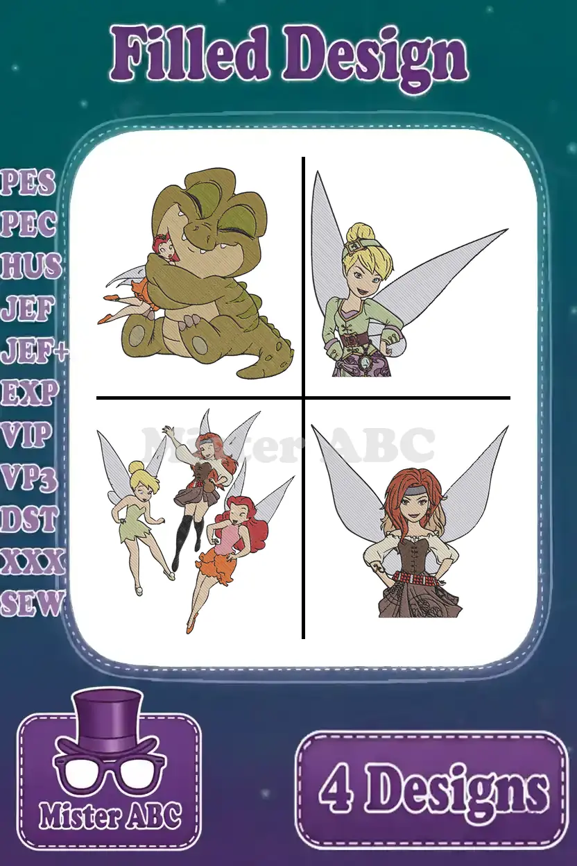 A vibrant collection of four filled embroidery designs featuring Tinkerbell, other fairies, and a friendly crocodile.