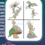 Disney Fairies Tinker Bell With Flower Leaf Umbrella And On Mushroom Posing - Filled Embroidery Design - Instant Download