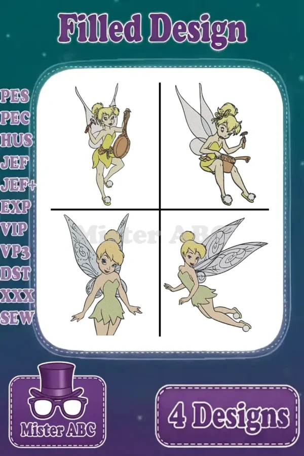 A vibrant image showcasing four filled embroidery designs of Tinkerbell in various playful poses, ideal for crafters.