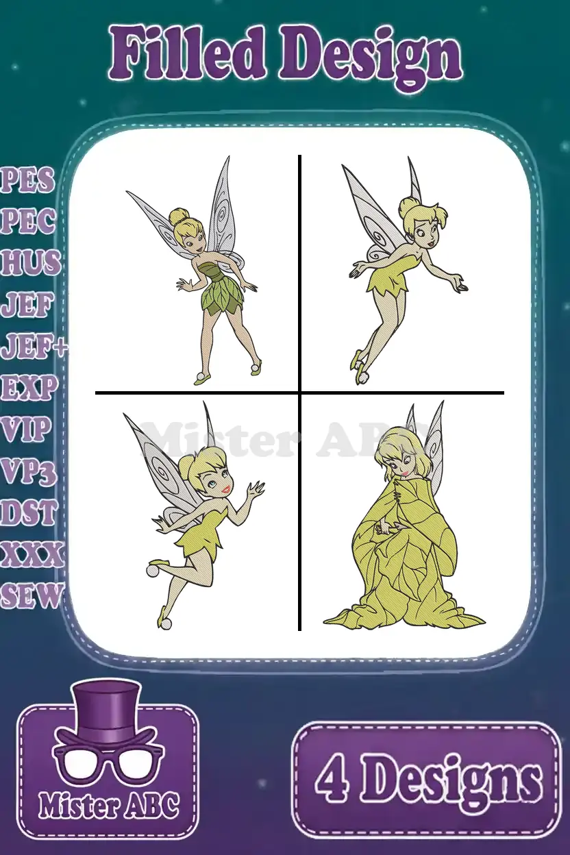 A collage showing four distinct Tinker Bell embroidery designs with 'Filled Design' banner and supported formats listed.